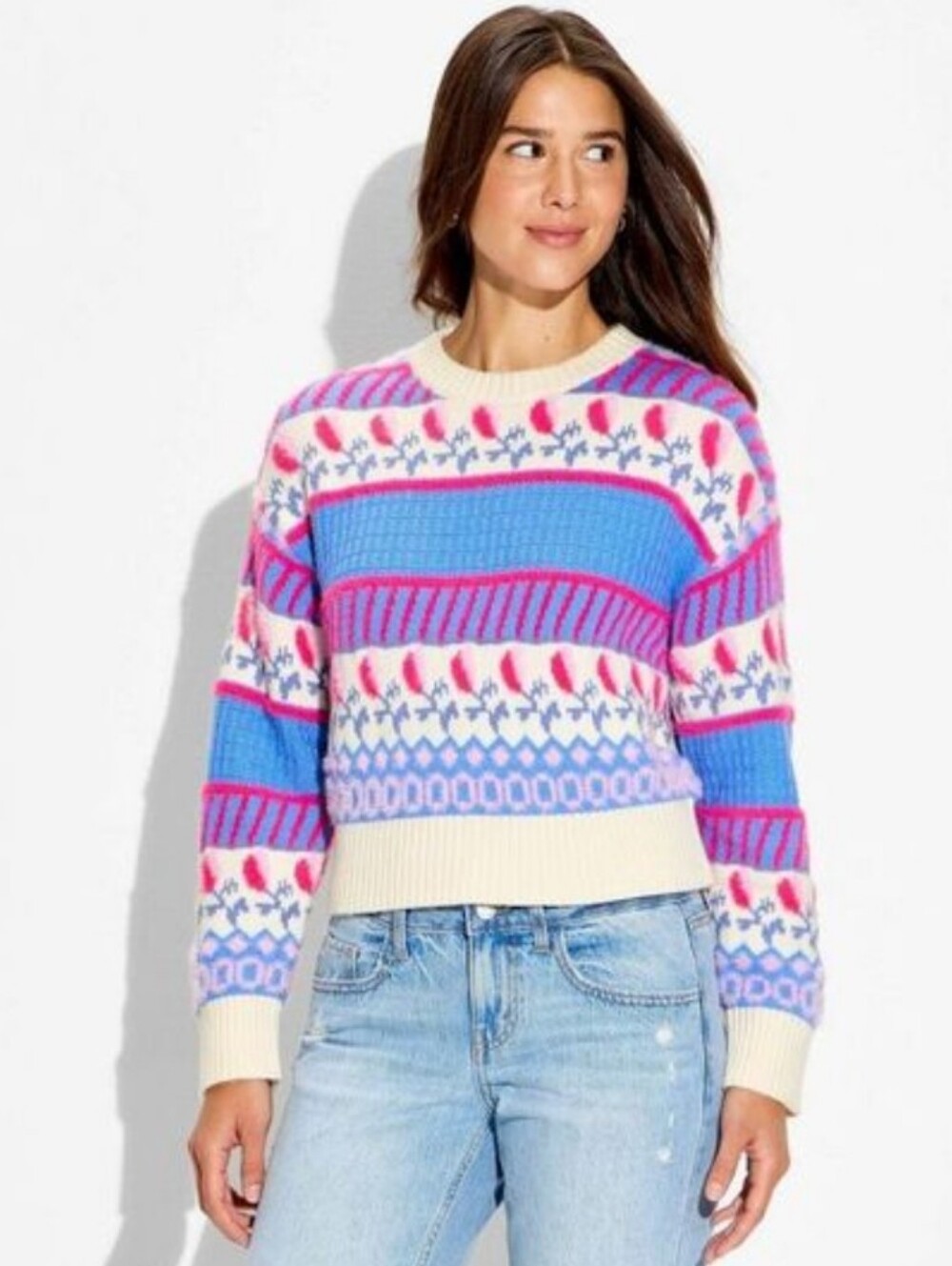 Wild Fable Women's Blue Cream & Pink Fair Isle Crewneck Sweater